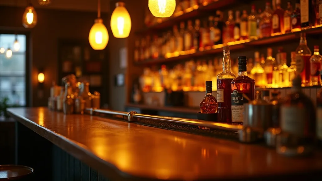 Comptoir de bar cocktail en laiton et bouteilles ambrees a Caen