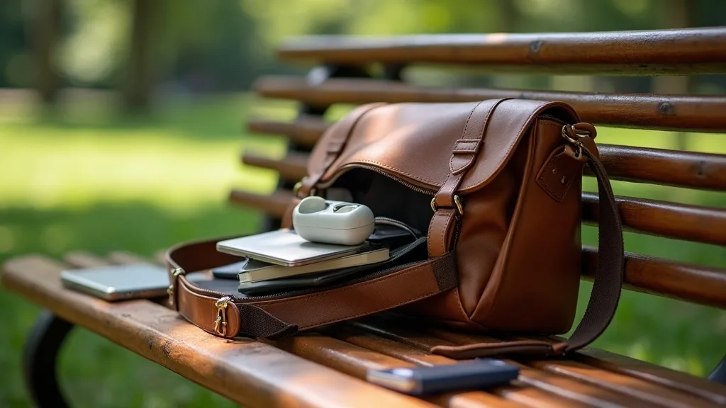 sac en cuir ouvert sur un banc avec telephone a Caen