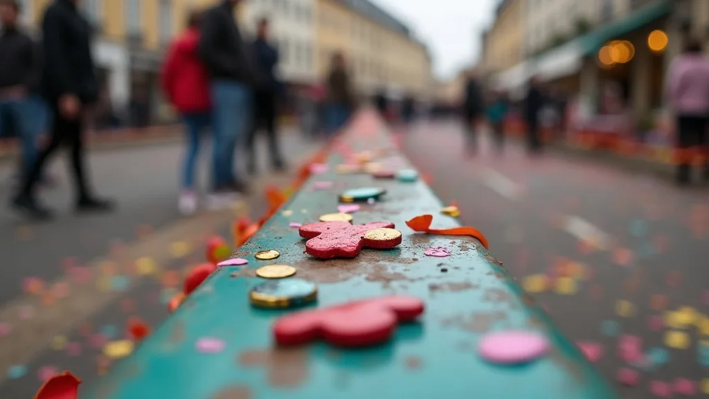 Confettis et pin s colores sur une barriere de festival a Caen
