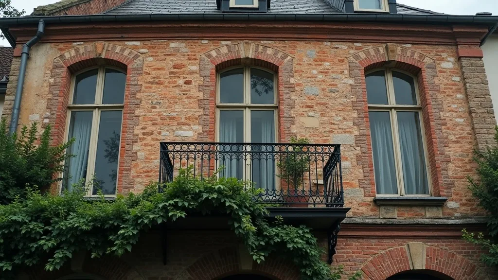 Facade de brique avec balcon en fer et lierre a Caen